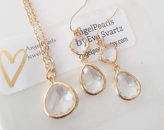 Valentine's Gifts,Clear Drop Jewelry Set,Bridal jewelry gift,Clear Crystal Jewelry,Necklace Earring Set,Teardrop Earring,Wedding Jewelry