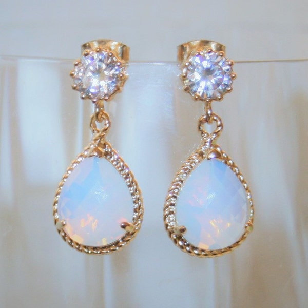 White Opal Earring,Halo Earring,Holiday Gift Idea,Bridal Rhinestone glass Opal Drop Earring,Statement Wedding,CZ Earrings,October Birthstone