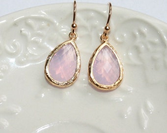 Pink Opal Earrings, Teardrop Earrings Gold, Milky Shades of Violet Pink Faceted Glass Drop Earrings - Feminine Bridal Jewelry - Gift to Her