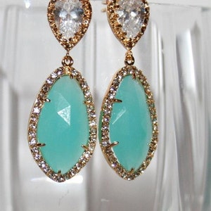 Mint TearDrop Gold Earrin,Blue Mint Turquoise Cubic Zirconia dangle Statement Earring,Delicate Sparkling CZ Crystal Wedding Bridal Jewelry