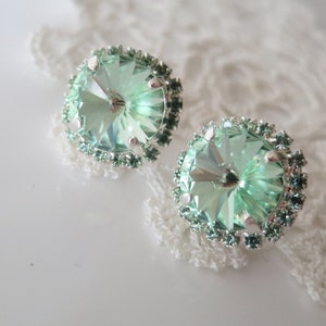 Mint Earring,August Jewelry Gift,Statement Crystal Bridal Earring,Chrysolite Swarovski® Stud Earring,boucles d'oreilles,12mm Rhinestone image 6