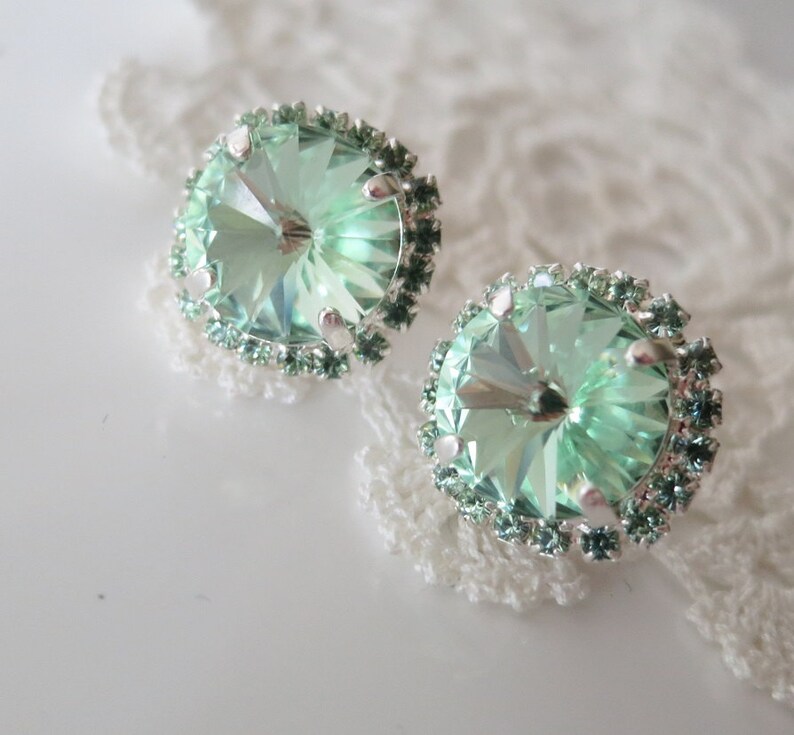 Mint Earring,August Jewelry Gift,Statement Crystal Bridal Earring,Chrysolite Swarovski® Stud Earring,boucles d'oreilles,12mm Rhinestone image 6