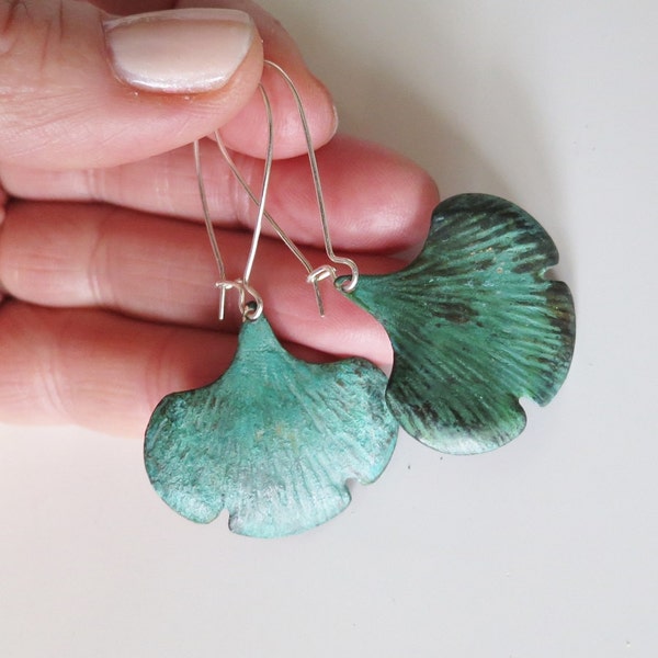 Ginkgo Earrings,Verdigris Green Patina Earrings,Leaf Earrings,Gifts for Sister,Art Nouveau Jewelry Leaf Fall ,Nature Lover Rustic Jewelry