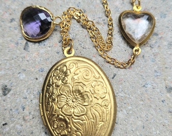 Birthstone Secret message locket and Heart Necklace,AntiqueGold,Personalized Gift to Her, October,Vintage style necklace,Oval Picture locket