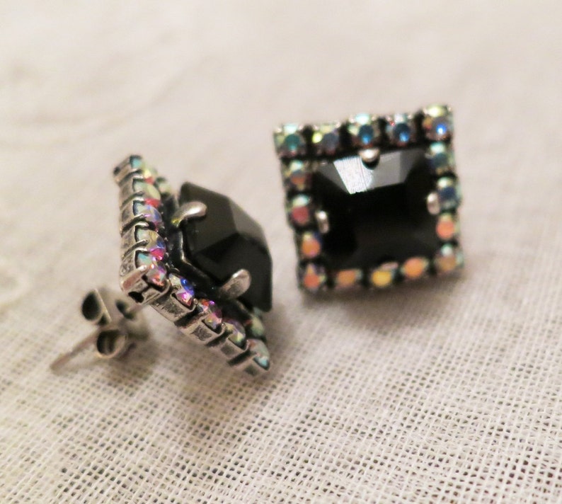 Jet Black Square stud Earring vintageBlack Onyx AB Rhinestone Etsy