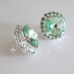 Mint Earring,August Jewelry Gift,Statement Crystal Bridal Earring,Chrysolite Swarovski® Stud Earring,boucles d'oreilles,12mm Rhinestone image 5