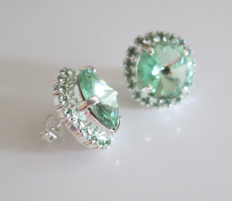 Mint Earring,August Jewelry Gift,Statement Crystal Bridal Earring,Chrysolite Swarovski® Stud Earring,boucles d'oreilles,12mm Rhinestone image 5