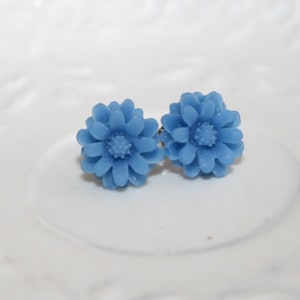May include: A pair of blue flower stud earrings. The earrings are made of a light blue plastic and have a silver post.