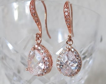 Pendientes de novia oro rosa, joyería Art Deco, pendientes de novia de cristal, joyería de boda, pendientes de diamantes de imitación de declaración, pendientes de novia de lujo CZ
