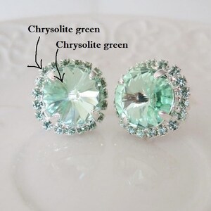 Mint Earring,August Jewelry Gift,Statement Crystal Bridal Earring,Chrysolite Swarovski® Stud Earring,boucles d'oreilles,12mm Rhinestone image 4