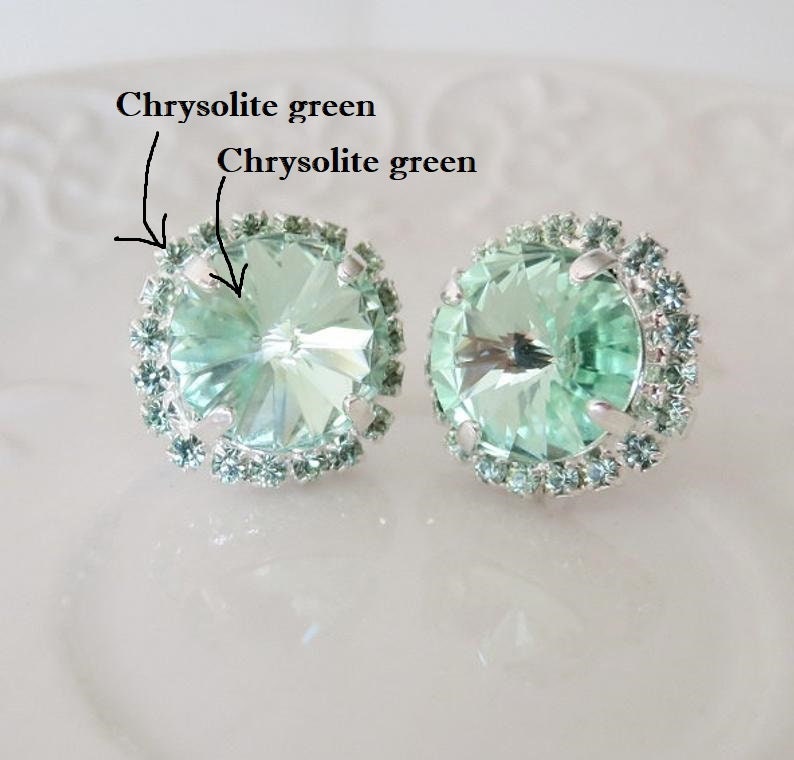 Mint Earring,August Jewelry Gift,Statement Crystal Bridal Earring,Chrysolite Swarovski® Stud Earring,boucles d'oreilles,12mm Rhinestone image 4