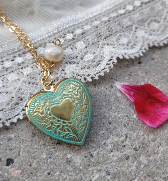 Handmade Green Patina Heart Locket Necklace sentimental Gift With