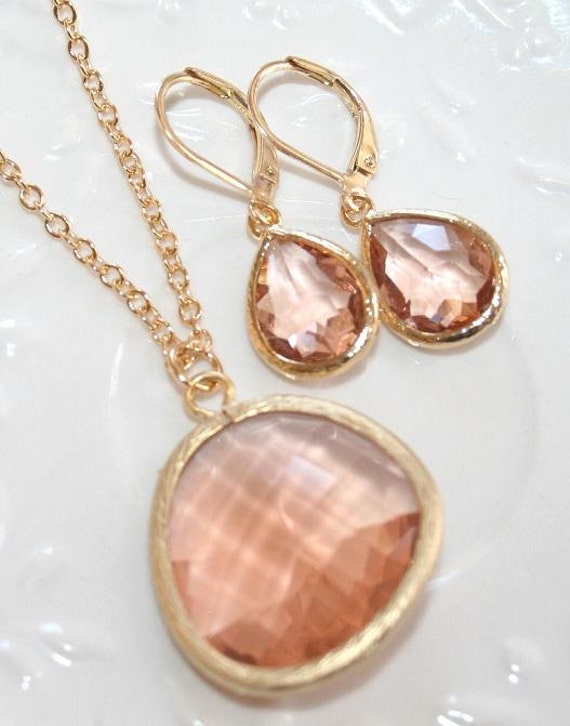 Items similar to Peach Drop Jewelry Set of Necklace and Earrings, Large