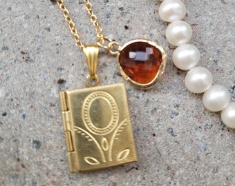 Unique jewelry,Personalized Gift,November Birthstone Locket Necklace,Book locket,Anniversary,Vintage,Floral,Miniature book,Brass,Photo