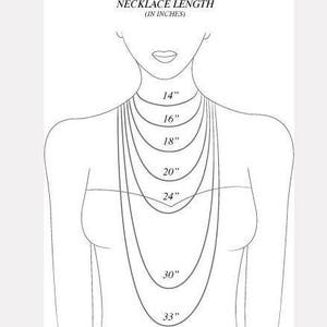 May include: A diagram showing different necklace lengths in inches, ranging from 14 inches to 33 inches.