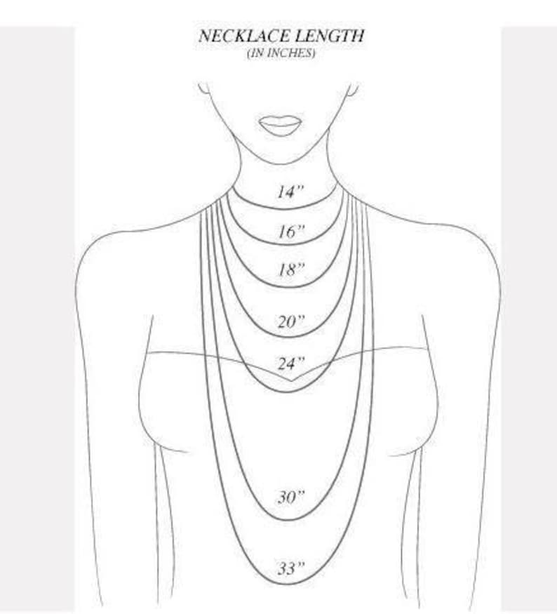 May include: A diagram showing different necklace lengths in inches, ranging from 14 inches to 33 inches.