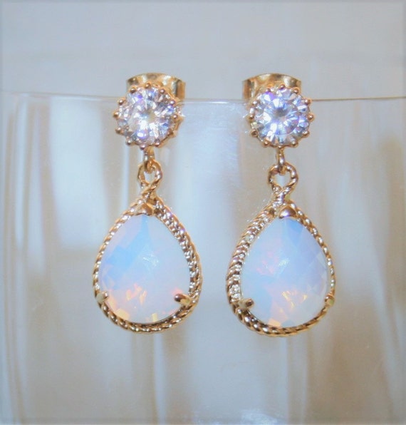 White Opal Earring,Halo Earring,Holiday Gift Idea,Bridal Rhinestone glass Opal Drop Earring,Statement Wedding,CZ Earrings,October Birthstone