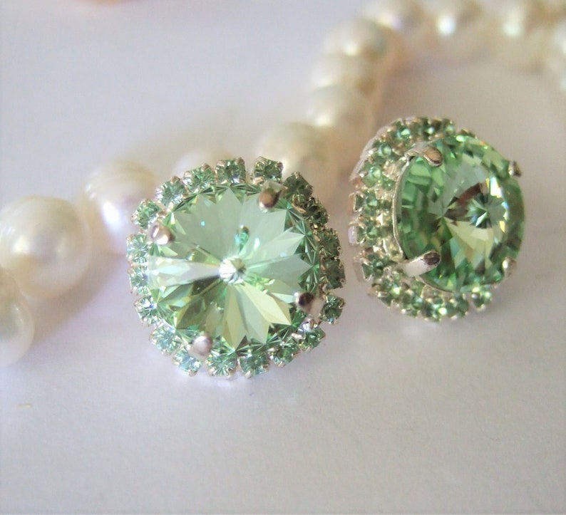 Mint Earring,August Jewelry Gift,Statement Crystal Bridal Earring,Chrysolite Swarovski® Stud Earring,boucles d'oreilles,12mm Rhinestone image 1