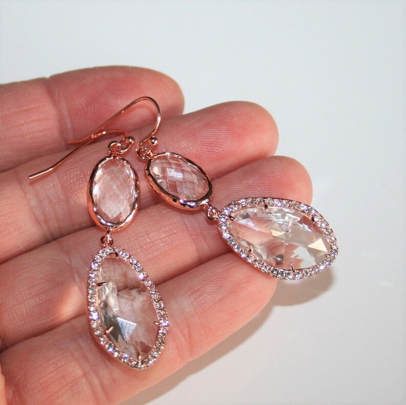 Valentine\u2019s Day gift,Crystal Bridal Earring,Rose Gold Earring,Clear Chandelier Earring,Crystal Jewelry,Statement Wedding Bridal Jewellery