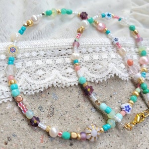 Floral Beaded Necklace,Pastel color Necklace,Millefiori Necklace,Valentines Gift to Her,Millifiore Flower Summer Boho Friendship Necklace
