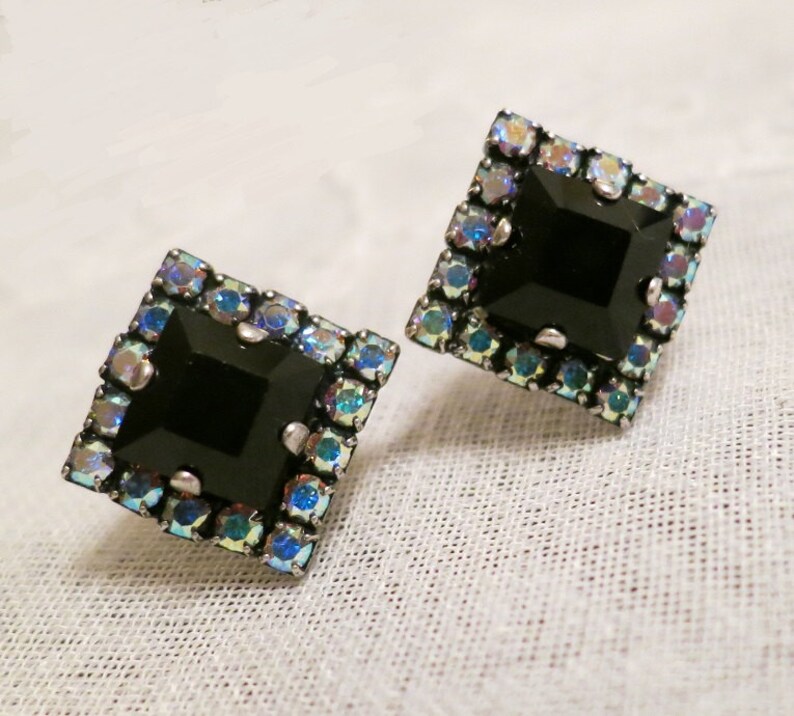 Jet Black Square stud Earring vintageBlack Onyx AB Rhinestone Etsy