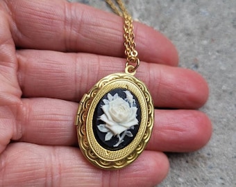 Personalized Rose Cameo Locket Necklace,Victorian Floral Secret message locket Gift,Cream Black Rose cabochon,Antique gold Oval Photo locket
