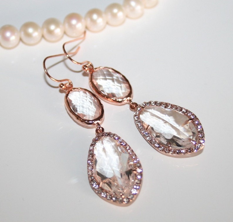 Valentine\u2019s Day gift,Crystal Bridal Earring,Rose Gold Earring,Clear Chandelier Earring,Crystal Jewelry,Statement Wedding Bridal Jewellery