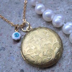Karma Evil Eye medaillon HALSKETTING, geluk sieraden, gepersonaliseerde geheime boodschap ketting, uniek cadeau, antieke stijl, ronde foto opvouwbare medaillon,