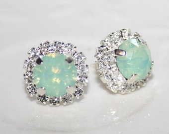 Halo Seafoam ear stud,Gift Idea,Chrysolite Opal stud earring,Mint Opal Green Earring Silver,Bridal jewelry,Mint Blue ear Stud,PremierBrand