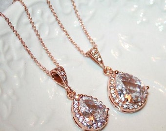 Rose Gold Necklace,Rhinestone Necklace,Wedding,Teardrop Sparkling,Unique gift Sister,Zircon crystal bridal jewelry,gift for wife