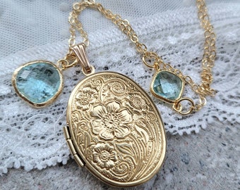 March Birthstone Gift,Birthstone Secret message locket,AntiqueGold Brass Locket,Personalized Gift Mother Wife,Vintage style necklace,Oval