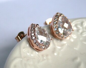 Valentine's gifts,Unique Gifts,Rose Gold ear studs,Art Deco Wedding Jewelry,Bridal Stud Earrings,Rose Gold Earrings,Crystal studs,Statement