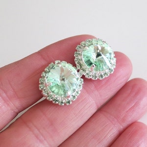 Mint Earring,August Jewelry Gift,Statement Crystal Bridal Earring,Chrysolite Swarovski® Stud Earring,boucles d'oreilles,12mm Rhinestone image 2