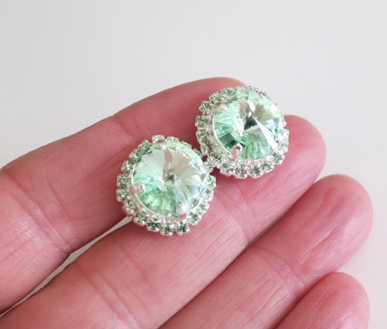 Mint Earring,August Jewelry Gift,Statement Crystal Bridal Earring,Chrysolite Swarovski® Stud Earring,boucles d'oreilles,12mm Rhinestone image 2