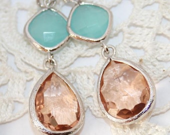 Peach Mint Earring,Pink Champagne Bridal Earring,Teardrop Earring,Holiday Gift,Mint Peach Bridesmaid Earring,Drop Mint Peach Wedding Jewelry