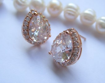 Pendiente de diamantes de imitación nupcial de oro rosa Cristalino, Zirconia cúbica, Joyería Art Deco, Perno de oreja de cristal, Perno de oro rosa, Cristal, Boda, Declaración