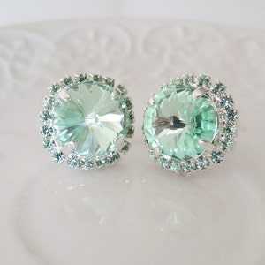 Mint Earring,August Jewelry Gift,Statement Crystal Bridal Earring,Chrysolite Swarovski® Stud Earring,boucles d'oreilles,12mm Rhinestone image 3