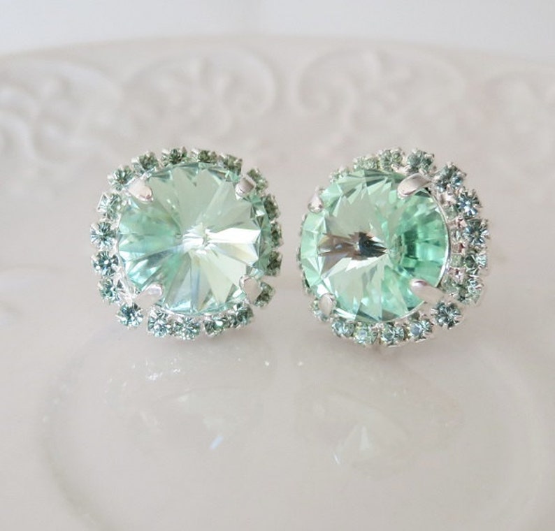 Mint Earring,August Jewelry Gift,Statement Crystal Bridal Earring,Chrysolite Swarovski® Stud Earring,boucles d'oreilles,12mm Rhinestone image 3