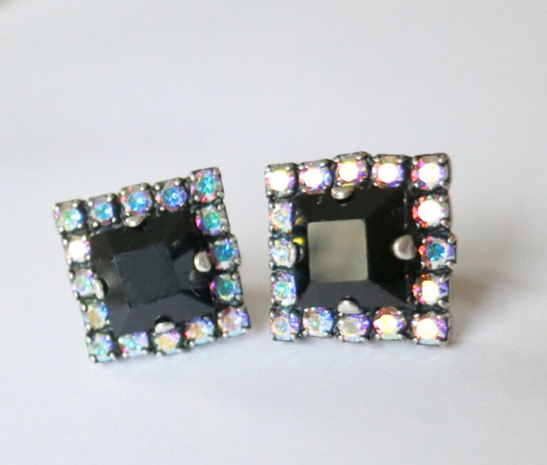 Jet Black Square stud Earring vintageBlack Onyx AB Rhinestone Etsy
