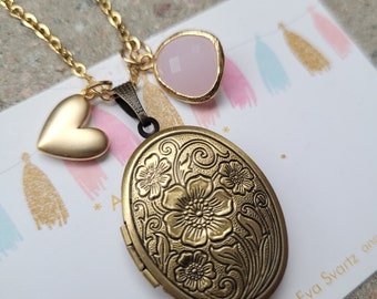 Locket Heart Necklace,Birthstone Secret Message Locket & Heart,Love Personalized Gift Valentine's,Brass Vintage style necklace,Oval Locket