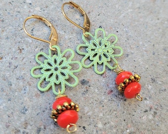 Green filigree Boho dangle Earring,Delicate Handmade Boho Earrings,Lace Romantic Earring,Feminine Gift to Her,Hand painted OOAK, Green Red