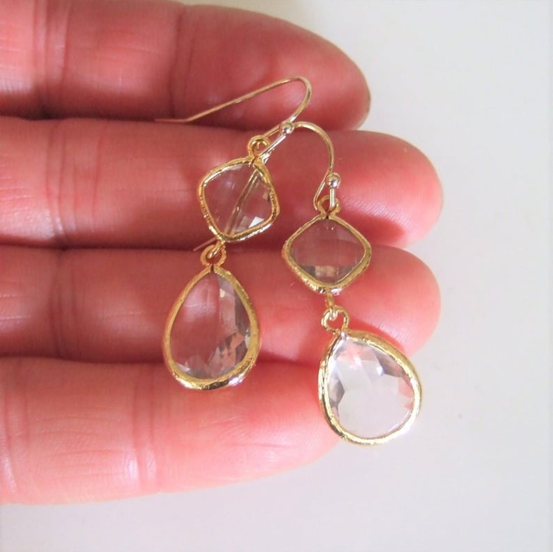 Clear Crystal Earring,Valentines Day Gift,Feminine Dangle drop earring,Glass quartz stone earring,Bridal Teardrop Earring,Wedding