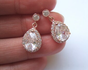 Pendiente Art Déco en oro rosa, pendiente nupcial de cristal, joyería de pedrería de boda, pendiente de declaración brillante, vidrio brillante CZ de lujo