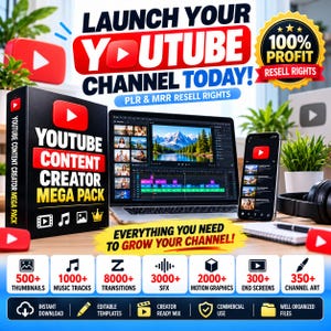 Pacchetto completo per creatori di contenuti YouTube PLR ​​MRR | Oltre 20.000 risorse video, modelli per miniature, effetti sonori, intro e transizioni per il montaggio video