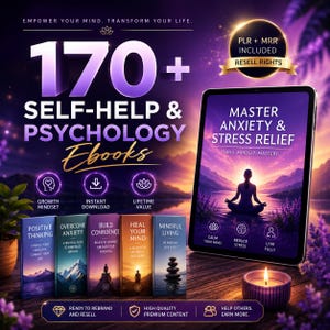 Pode incluir: Uma coleção digital de mais de 170 e-books de autoajuda e psicologia com títulos como Positive Thinking, Overcome Anxiety, Build Confidence, Heal Your Mind e Mindful Living, exibidos com um tablet mostrando Master Anxiety & Stress Relief.