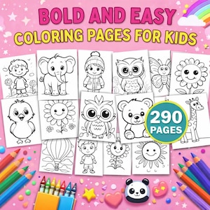 May include: A collection of 290 coloring pages for kids, featuring various illustrations of animals, flowers, and children. The pages are accompanied by a set of colorful pencils and crayons, all set against a pink background with the text "BOLD AND EASY COLORING PAGES FOR KIDS."