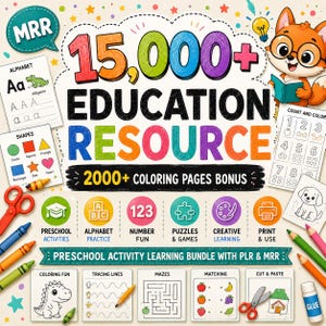 May include: A digital educational bundle featuring 15,000+ education resources and 2,000+ coloring pages. The graphic includes a cartoon fox, alphabet and shape worksheets, preschool activity icons, and various coloring and tracing activity sheets.