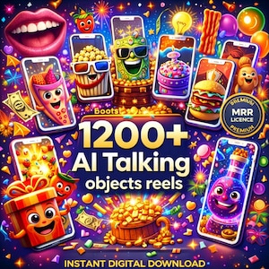 May include: A vibrant digital graphic with multiple smartphones displaying animated food and objects. The image features the text "1200+ AI Talking objects reels" and "Instant Digital Download". The overall theme is a colorful, cartoonish design.