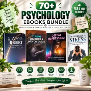 Op de afbeelding: Een digitaal productpakket met meer dan 70 psychologie-e-books, waaronder titels als 5 Ways to Boost Your Mental Energy Today, 7 Signs You Need a Mental Detox, Defeat Depression en The Psychology of Stress, weergegeven met iconen en tekst.