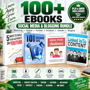 Op de afbeelding: Een digitaal productpakket met meer dan 100 e-books over sociale media en bloggen. De afbeelding toont vier boekomslagen met de titels 5 Ways To Build Your Authority On YouTube, 101 Facebook Tips, Build Your Audience en Linked Into Content.